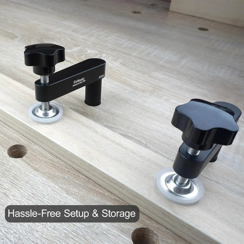 Two Pack Three Quarter Inch Bench Dog Clamps For Woodworking Anti Twist Design With Silicone Pads 19mm Workbench Compatibility Aluminum Build Delivers Strong Scratch-Free Secure Hold For Craftsmen And DIYers on wooden bench