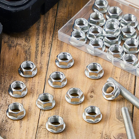 32 Piece Rock Solid Heavy Duty Stainless Steel Hex Flange Locking Nuts M10 X 1.25 Metric Fine Thread Rust Resistant on wooden surface.