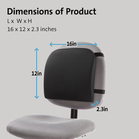 Dimensions of Premium Memory Foam Backrest Cushion For Chair, 16 x 12 x 2.3 inches, ergonomic lumbar support for office and home.