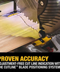 Close-up of 20V Max XR 10 Inch Double Bevel Fixed Miter Saw cutting wood with precision for MDF molding and SPF framing.