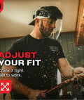 Built Ridiculously Tough Safety Faceshield For Grinding And Cutting With Clear Antifog Polycarbonate Visor Adjustable Headgear Ansi Z87 Certified Indoor And Outdoor Work Gear being adjusted by a worker.
