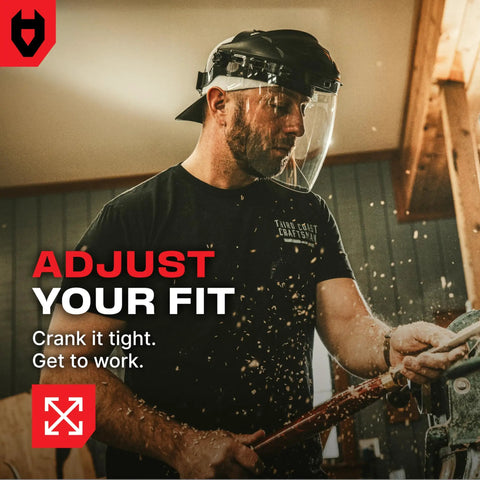 Built Ridiculously Tough Safety Faceshield For Grinding And Cutting With Clear Antifog Polycarbonate Visor Adjustable Headgear Ansi Z87 Certified Indoor And Outdoor Work Gear being adjusted by a worker.