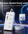 Ditch The Clutter With This Slick Smart Zigbee Power Strip Surge Protector Extension Cord Featuring Four Independently Switched AC Outlets And Four Fast USB Ports For Easy Alexa And Google Home Control, showing AC sockets and USB ports.