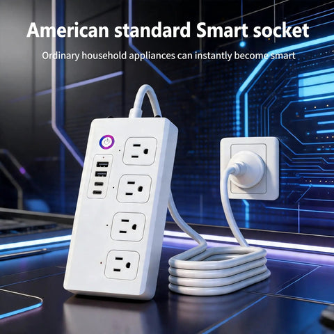 Ditch The Clutter With This Slick Smart Zigbee Power Strip Surge Protector Extension Cord Featuring Four Independently Switched AC Outlets And Four Fast USB Ports For Easy Alexa And Google Home Control, showing AC sockets and USB ports.