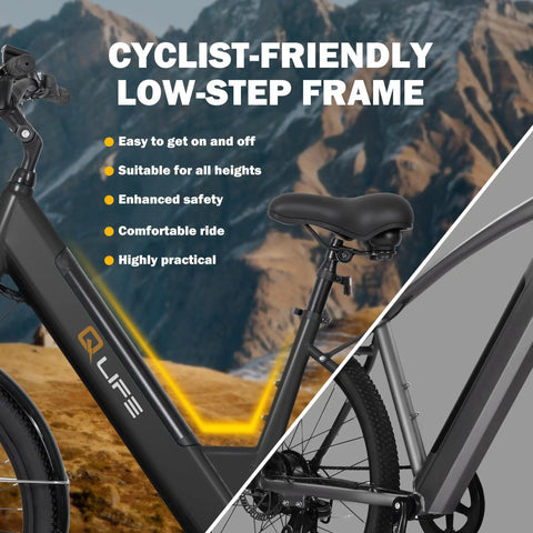 "Get Up And Go City Commuter Electric Bike For Adults With 65 Mile Range 1200 Watt Peak Motor 26 Inch Ebike featuring low-step frame"