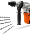 Tough As Nails Cordless Hammer Drill And Masonry Chisel Kit With No Fuss Quick Change Sds Plus Chuck, variable speed, and chisel accessories.