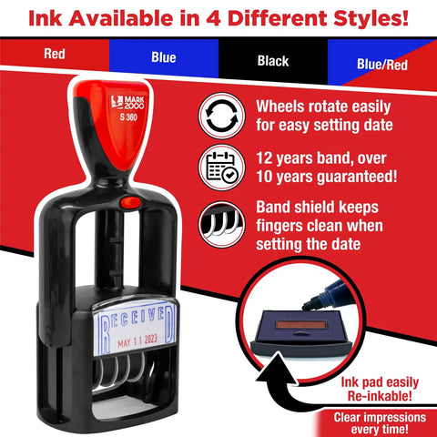 Self Inking Date Stamp With Received Phrase Built As A Slick Reliable Workhorse For Busy Clutter Free Desks Featuring Clean Shield Finger Guard and Smooth Twist Mechanics Delivering Zero Hassle Performance for Your Daily Paperwork Grind in red and black.