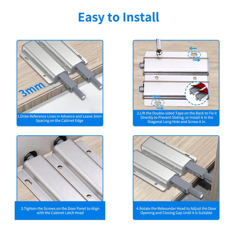Installation guide for 15 Pack Push To Open Cabinet Latch Set Heavy Duty Aluminum Magnetic Touch Release for hidden doors.