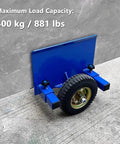 Heavy Duty Adjustable Panel Dolly With Lockdown Grip And Smooth Rolling Rubber Wheels For No Sweat Hauling Panels Or Doors On Busy Job Sites During Fast Track Renovation Work showing blue panel with rubber wheel.