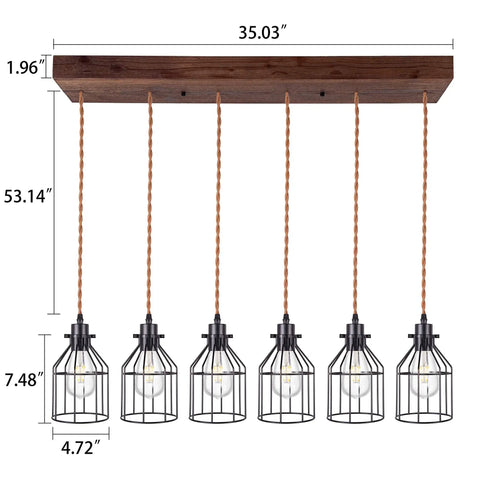 Dimensions of Six Light Wood Pendant Light for Kitchen Island With Industrial Black Metal Cage Shades