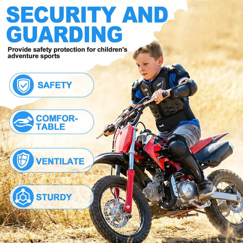 Child wearing Young Riders Four Piece Motorcycle Armor Set With Vest Chest Protector And Knee Elbow Pads riding dirt bike