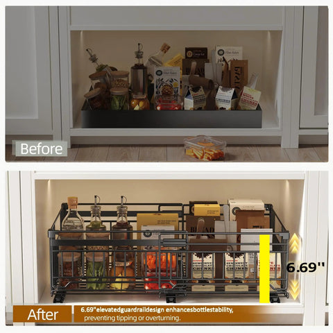 Kick Pantry Chaos To The Curb With This 2 Pack Expandable Pull Out Cabinet Organizer Built For Deep Drawers Featuring Smooth Rollers And Heavy Duty Frames That Secure Items While Turning Messy Pantry Nooks Into Neat Organization You Dig - before and after comparison of drawer organizer.