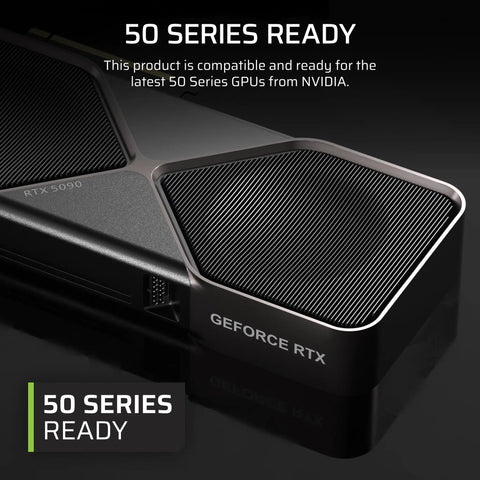 Graphics card labeled GeForce RTX, compatible with NVIDIA 50 Series GPUs, close-up of design with grooves and vents.