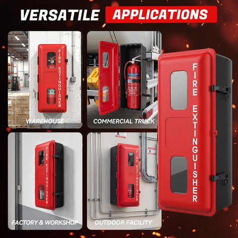 Heavy Duty Red Fire Extinguisher Cabinet With Hella Secure External Latch And Locking Strap For Indoor Outdoor Wall Mount Holds Five To Ten Pound Units Built Tough For Absolute Peace Of Mind Protection Every Day