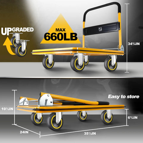 Heavy Duty Foldable Push Cart Dolly Built Tough For Daily Hauling Features A Rock Solid 660 Pound Capacity Compact Rolling Platform Comfortable Padded Handle Super Handy For Yard Projects Garage Swaps Or Fast Moving Days