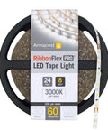 Packaging of 24V White LED Strip Lights, 60 LEDs Per Meter, 32.8 Feet, 3000K Warm White, with visible roll and strip design