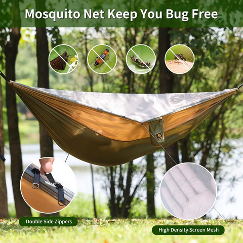 Super Comfy Double Hammock With Mosquito Net For Outdoors Portable Lightweight Nylon Parachute Hammock With 10ft Tree Straps