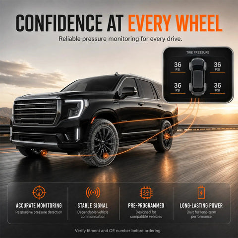 Dead On Accurate Tire Pressure Monitoring System Sensor 315 Mhz Built Tough For Gm Chevy showing tire pressure readings on display.