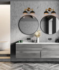 Modern Farmhouse Bathroom Light Fixtures In Black And Brushed Gold Over Mirror Vanity Lights That Give Your Bathroom A Boss Vibe, Two Light Vanity Lighting With Black Metal Shade, Durable Contemporary Bath Sconce Set For A Stylish Home above double mirrors in a modern bathroom.