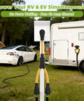Heavy Duty 50 Amp NEMA 14-50 Y Splitter Adapter for dual RV EV charging, splitting power from one outlet outdoors.