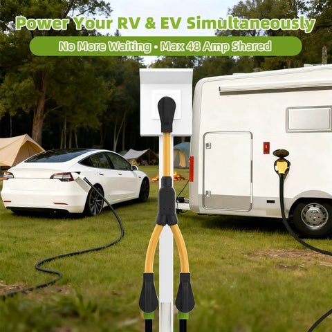 Heavy Duty 50 Amp NEMA 14-50 Y Splitter Adapter for dual RV EV charging, splitting power from one outlet outdoors.