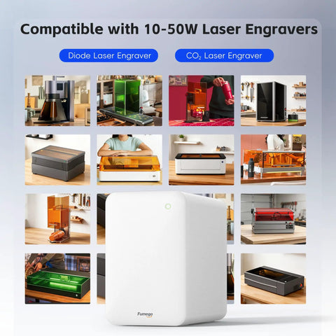 Ultra Powered Laser Fume Extractor Snatches Heavy Smoke And Nasty Odors Straight Away next to various laser engravers.