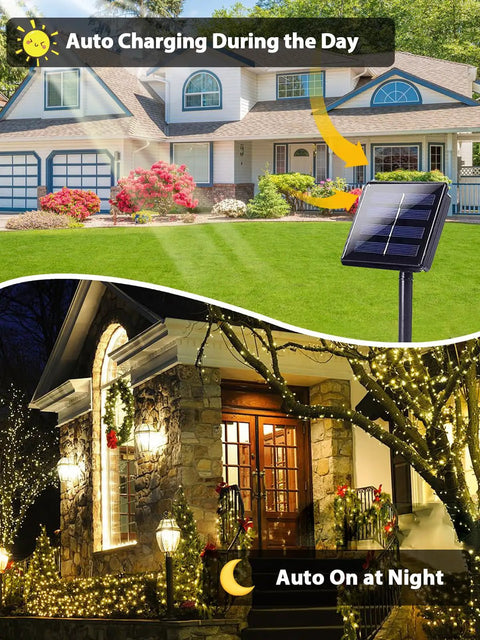 Two Pack 200 LED Solar String Lights For Outdoors Waterproof With 8 Modes And Memory Function Auto On Off Warm White Party Ready For Xmas Trees Gardens Weddings Parties And More during day and night