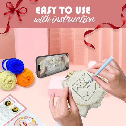 Easy To Use Punch Needle Coaster Kit For Beginners With Embroidery Tools Set DIY Craft Supplies shown with needle and yarn
