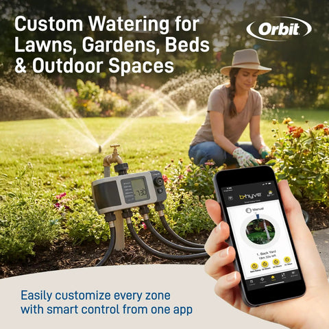 Person using app to control Must-Have 4 Port Smart Hose Watering Timer With Wi-Fi Hub And WeatherSense for garden irrigation
