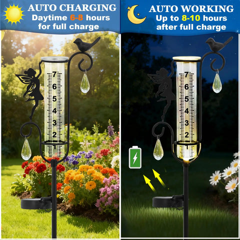 Solar Powered Glass Weather Station Rain Gauge Garden Stake With Freeze Proof Design Fairy Garden Decor Outdoor Yard Crystal Pendant Rain Meter Easy Lawn Rain Reading And Garden Swag in garden setting
