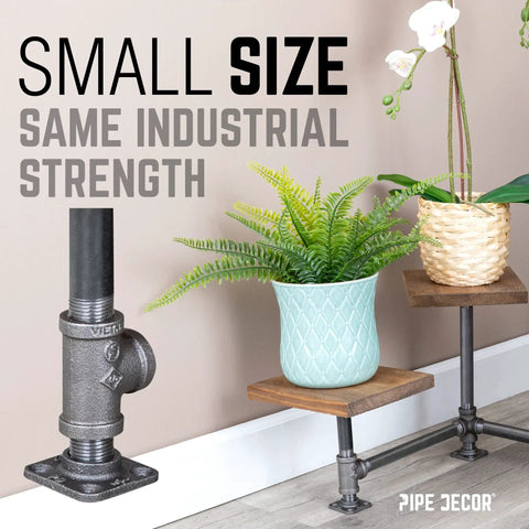 Half Inch Square Micro Mini Flange Fittings Set Black Malleable Iron For Standard Pipe Nipples And Fittings DIY Vintage Furniture Build 8 Pack Perfect For Shelves Lamps Tables And Art Projects next to plant decor