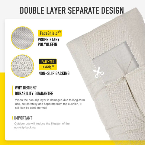 Close-up of Non Slip Tufted Memory Foam Bench Cushion With FadeShield UV Resistant Fabric showing double layer design.