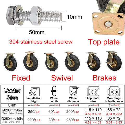 Heavy Duty Outdoor Caster Wheels Pair With 360 Swivel And Fixed Rolling Modes Featuring Durable Rubber Tires And Steel Mounts Running Smooth Like Butter For Daily Hauls, showcasing sizes and detailed components.
