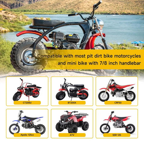 Seven Eighths Inch Throttle Cable And Handlebar Grips Kit showcased on multiple dirt bikes and mini bikes for 50cc to 212cc engines