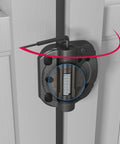 Close-up of Heavy Duty Self Closing Gate Hinges With Adjustable Tension Springs For Square Post Vinyl PVC And Wood Pool Safety Hinge Built To Last With Swing Close 185 Pound Rating SHC135 Black Safetech installed on a gate.