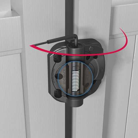 Close-up of Heavy Duty Self Closing Gate Hinges With Adjustable Tension Springs For Square Post Vinyl PVC And Wood Pool Safety Hinge Built To Last With Swing Close 185 Pound Rating SHC135 Black Safetech installed on a gate.