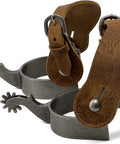 Rugged Cowboy Spurs With Straps, Antique Silver Plated Iron Finish, 1 Inch Band, 2-1/4 Inch Shank close-up view