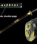 Hand Forged 1045 High Carbon Steel Samurai Katana With Gold Plated Blade Choose Flower Tsuba Or Golden Tsuba Yellow Orange High Gloss Saya Full Size Display Sword For Collectors And Martial Arts Enthusiasts showing full tang blade with double pegs.