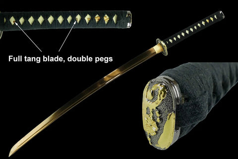 Hand Forged 1045 High Carbon Steel Samurai Katana With Gold Plated Blade Choose Flower Tsuba Or Golden Tsuba Yellow Orange High Gloss Saya Full Size Display Sword For Collectors And Martial Arts Enthusiasts showing full tang blade with double pegs.