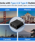 EU To US Travel Plug Adapter 2 Pack With Secure Fit Type C And E F Schuko To US Converter shown with destinations USA Mexico Canada Japan