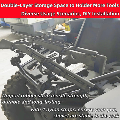 Installed Double Tier Roll Bar Gun Rack For Trucks, ATVs, UTVs And Snowmobiles With Heavy Duty Tool And Shovel Mount on vehicle