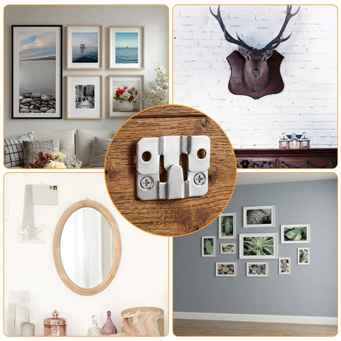 Massive 200-Piece Flush Mount Bracket Set With Stainless Steel Hanging Buckles in use for frames and decorations