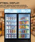 Heavy Duty Commercial Reach In Display Freezer With Two Swing Tempered Glass Doors Black 44 Point 7 Cubic Feet And Digital Controller showcasing illuminated ice cream and beverage products.
