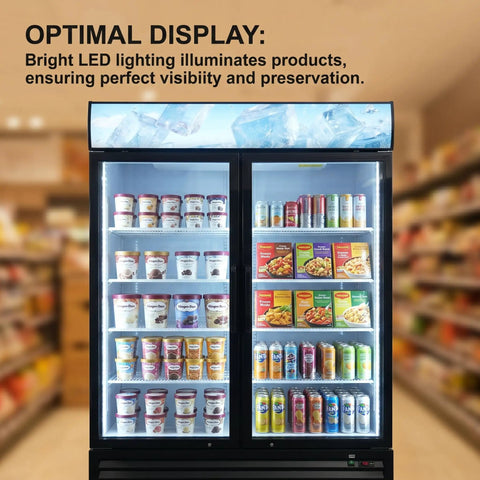 Heavy Duty Commercial Reach In Display Freezer With Two Swing Tempered Glass Doors Black 44 Point 7 Cubic Feet And Digital Controller showcasing illuminated ice cream and beverage products.