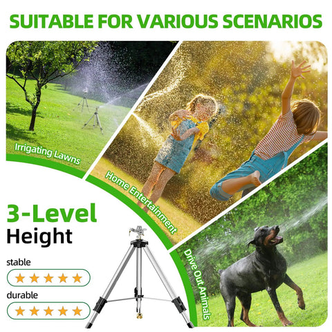 Heavy Duty Brass Impact Tripod Sprinkler With Pulsating Water And Telescoping Legs Delivers 360 Degree Coverage Up To 70 Feet Reaching 5660 Square Feet Perfect For Yard Lawn Garden Irrigation 16 26 Or 36 Inch Heights shown above with three usage scenarios: irrigating lawns, home entertainment with kids, and driving out animals.