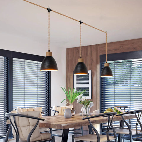 Dining room with Three Light Plug In Pendant Light With Twisted Hemp Rope, 22 Ft Hanging Lamp, Industrial Black Finish, Independent Triple Switch Chandelier