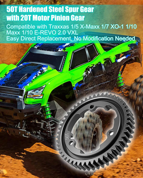 RC car displaying Beefed Up 50T M1.0 Hardened Steel Spur Gear With 20T Pinion Gear Upgrade Kit For Traxxas RC Cars X Maxx XO1