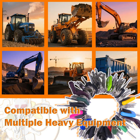 105 Piece Non Duplicate Heavy Equipment Keys Master Set With Five Key Rings For Construction Machinery displayed with equipment