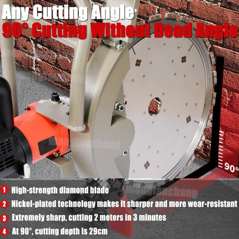 Heavy Duty 5000W Brushless Wet Cut Ring Saw With Integrated Water Pump And Twin Diamond Blades cutting through brick wall