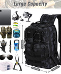 Black tactical fishing tackle backpack with gear shown around; waterproof Oxford fabric, heavy duty stitching for outdoor use.
